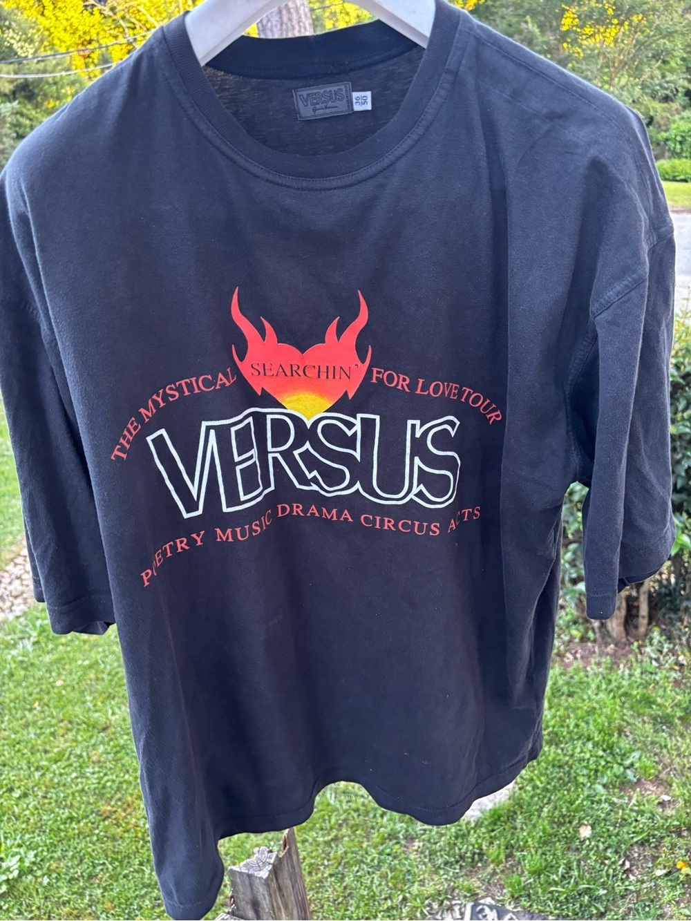 Vintage Versace Black Tee with Red and Yellow Flame Logo Searching for Love